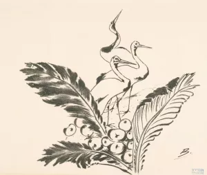 Trois grues derriere de grandes feuilles by Felix Bracquemond Oil Painting