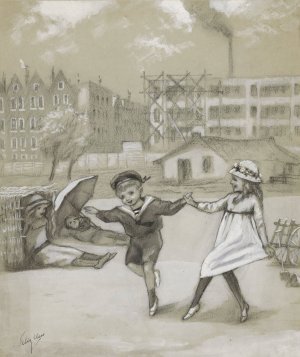 Dansende jongen en meisje in een stadspark of speeltuin by Felix Hess Oil Painting