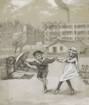 Dansende jongen en meisje in een stadspark of speeltuin by Felix Hess Oil Painting