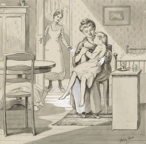 Meisje zit op schoot bij een vrouw in een slaapkamer by Felix Hess Oil Painting