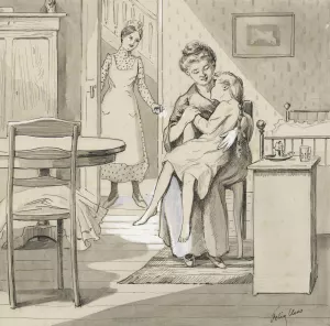 Meisje zit op schoot bij een vrouw in een slaapkamer by Felix Hess Oil Painting