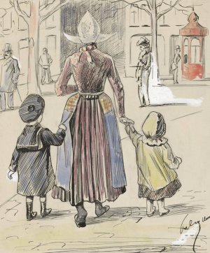 Straatgezicht met een vrouw in klederdracht en twee kinderen by Felix Hess Oil Painting