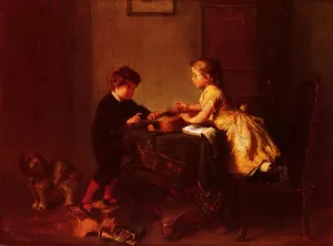 Children Playing with a Guitar by Felix Schlesinger - Oil Painting Reproduction