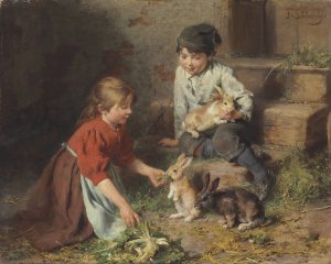 Futterung Der Kaninchen by Felix Schlesinger Oil Painting