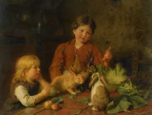 Futterung Der Kaninchen by Felix Schlesinger Oil Painting