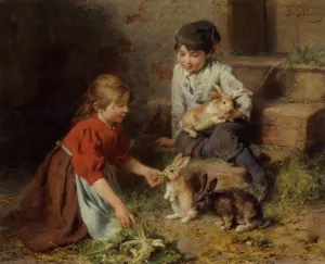 Futterung der Kaninchnen by Felix Schlesinger Oil Painting