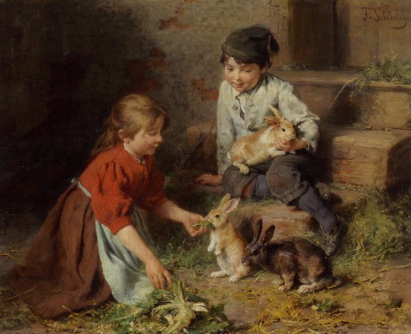 Futterung der Kaninchnen by Felix Schlesinger - Hand-Painted Oil Painting Reproduction