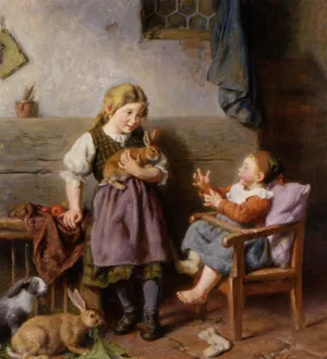 Playing with Rabbits by Felix Schlesinger - Oil Painting Reproduction