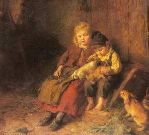 Two Children Playing with Rabbits by Felix Schlesinger Oil Painting