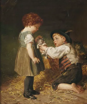 Zwei Kinder mit Katzchen im Stall by Felix Schlesinger Oil Painting