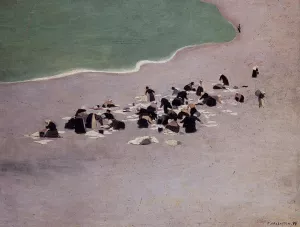 Washerwomen at Etretat also known as Woman Drying Laundry on the Beach by Felix Vallotton - Oil Painting Reproduction