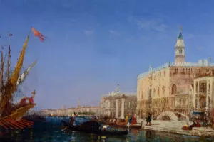 Gondoles Devant le Quai Des Esclavons by Felix Ziem - Oil Painting Reproduction