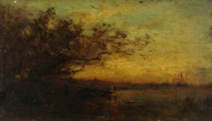 Plan d'eau, soleil couchant. Au revers; Deux etudes by Felix Ziem Oil Painting
