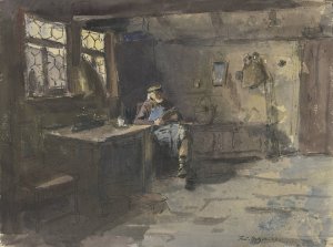 Alter sitzender Mann in einfachem Wohnraum lesend by Ferdinand Balzer Oil Painting