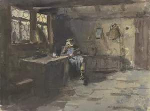 Alter sitzender Mann in einfachem Wohnraum lesend by Ferdinand Balzer Oil Painting