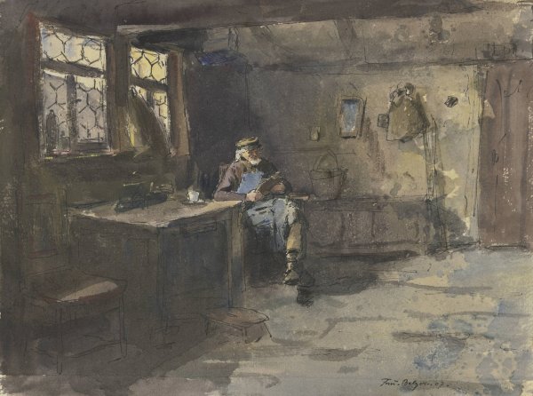 Alter sitzender Mann in einfachem Wohnraum lesend  by Ferdinand Balzer - Hand-Painted Oil Painting Reproduction