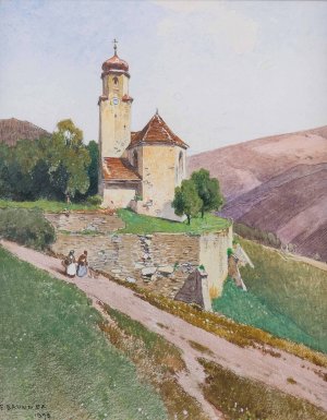 Hugelige Sommerlandschaft mit Kapelle und Personenstaffage by Ferdinand Brunner Oil Painting