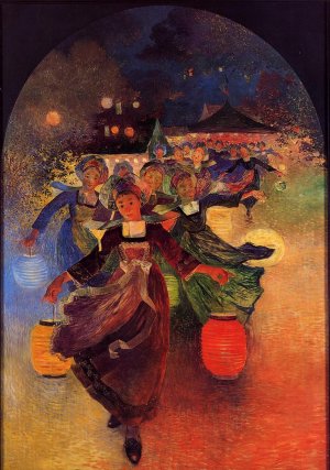 Breton Girls with Chinese Lanterns by Ferdinand Du Puigaudeau Oil Painting