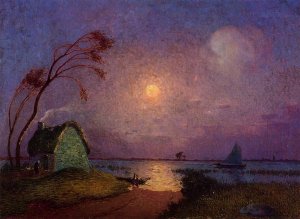 Cottage in the Moonlight in Briere by Ferdinand Du Puigaudeau Oil Painting