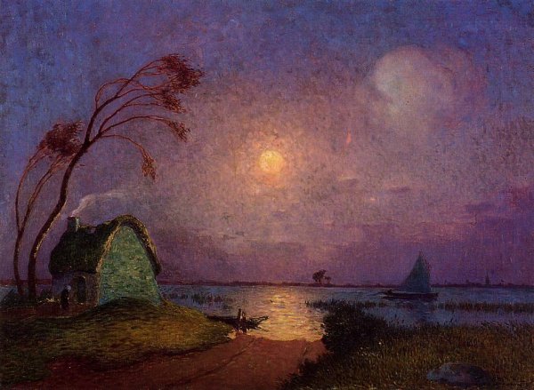 Main Product Photo of Cottage in the Moonlight in Briere Painting by Ferdinand Du Puigaudeau