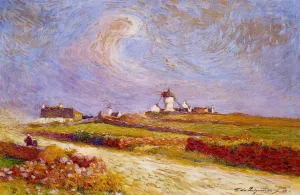 Countryside with Windmill, Near Batz by Ferdinand Du Puigaudeau Oil Painting
