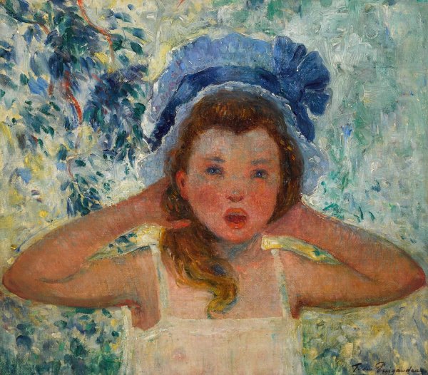 Main Product Photo of Fille de l'artiste au bonnet bleu Painting by Ferdinand Du Puigaudeau
