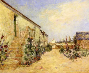 Garden at Kervaudu, Hollyhocks by Ferdinand Du Puigaudeau Oil Painting