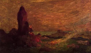 Le Croisic, Girls at the Foot of a Standing Stone by Ferdinand Du Puigaudeau - Oil Painting Reproduction