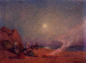 Le Pouldu, Woman on the Beach beside a Fire by Ferdinand Du Puigaudeau - Oil Painting Reproduction