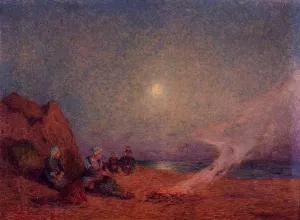 Le Pouldu, Woman on the Beach beside a Fire Oil painting by Ferdinand Du Puigaudeau