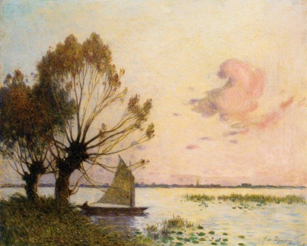 Sailboat on the Grande Briere Marsh by Ferdinand Du Puigaudeau - Hand-Painted Oil Painting Reproduction