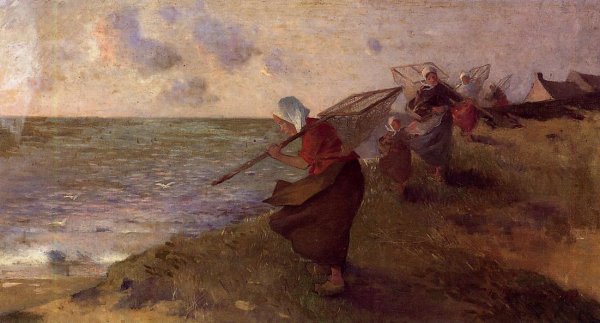 Shrimp Fisherwoman by Ferdinand Du Puigaudeau - Hand-Painted Oil Painting Reproduction