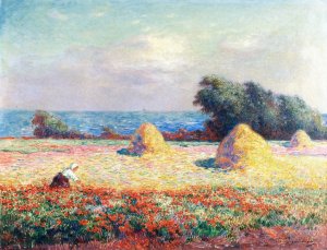 Stacks of Hay and Field of Poppies