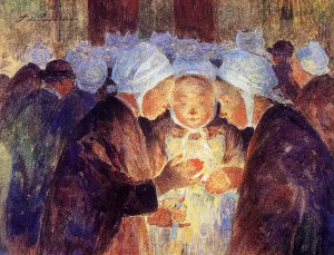 Three Breton Girls Lighting their Candles before the Procession Oil painting by Ferdinand Du Puigaudeau