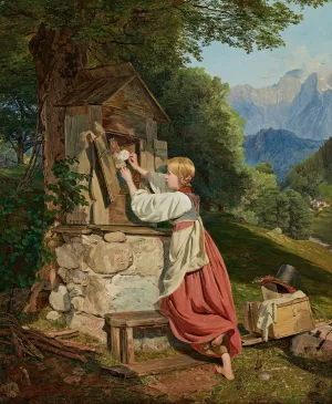 Ein Madchen schmuckt die Mutter Gottes mit einer Rose Oil painting by Ferdinand Georg Waldmuller