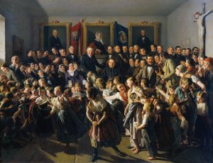 Kinder armer Eltern werden von der Gemeinde Spittelberg am Michaelitage mit Winterkleidern beteilt by Ferdinand Georg Waldmuller Oil Painting