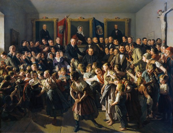Kinder armer Eltern werden von der Gemeinde Spittelberg am Michaelitage mit Winterkleidern beteilt  by Ferdinand Georg Waldmuller - Hand-Painted Oil Painting Reproduction