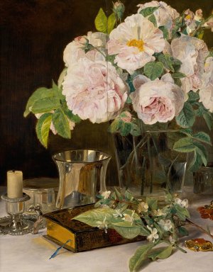 Rosen im Glas Stilleben mit Rosen, Leuchter und silbernem Becher by Ferdinand Georg Waldmuller Oil Painting