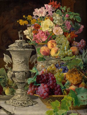 Still Life with Fruit, Flowers and a Silver Cup by Ferdinand Georg Waldmuller Oil Painting