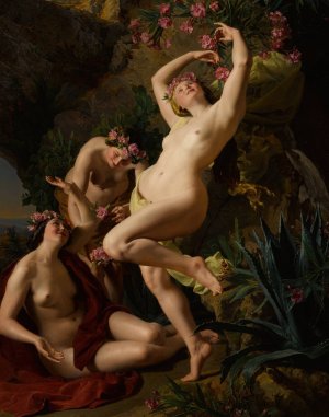 Three Graces garlanded with roses by Ferdinand Georg Waldmuller Oil Painting