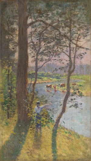 Landscape with a River and Cattle Watering by Ferdinand Katona Oil Painting