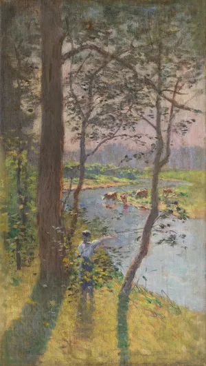 Landscape with a River and Cattle Watering by Ferdinand Katona Oil Painting
