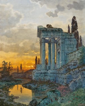 A Southern Landscape with Ruins of an Antique Temple by Ferdinand Knab Oil Painting