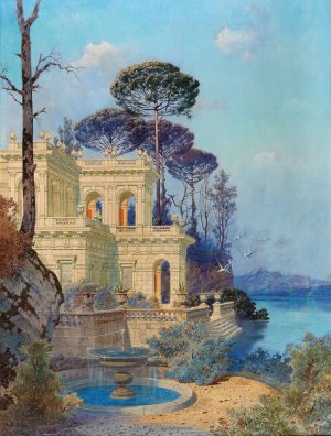 Villa, a Fountain by the Lake in the foreground by Ferdinand Knab Oil Painting