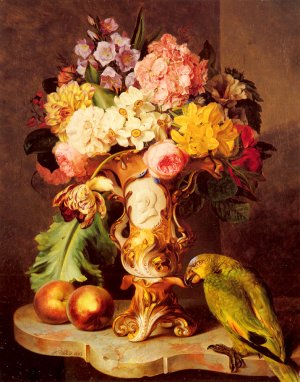 A Still Life with a Vase of Assorted Flowers, Peaches and a Parrot on a Marble Ledge