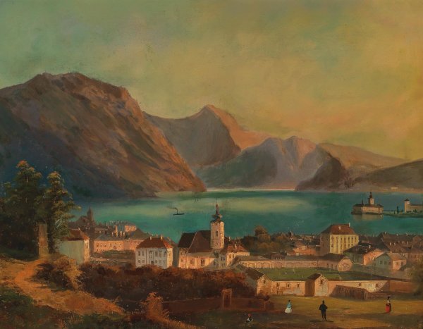 A View of Gmunden, in the Background Schloss Orth  by Ferdinand Lepie - Hand-Painted Oil Painting Reproduction