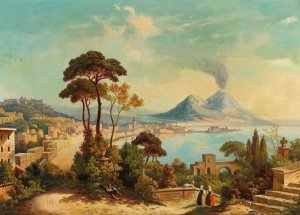 View of Naples with Vesuvius in the background by Ferdinand Lepie Oil Painting