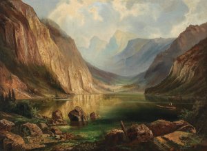 View of the Hollengebirge near Ebensee, Langbathsee by Ferdinand Lepie Oil Painting