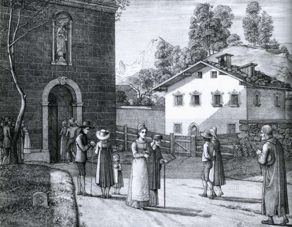 Main Product Photo of Sunday: Entrance to the Church at Berchtesgaden Painting by Ferdinand Olivier