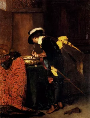 A Cavalier Lighting A Pipe Oil painting by Ferdinand Roybet